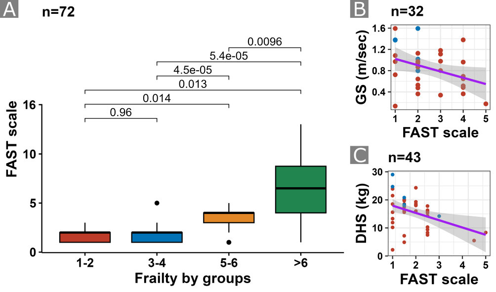 Correlation between FAST scale and frailty measures. A) Clinical Frailty Scale by groups (K–W p < 0.001); B) Gait speed (GS) (R = -0.36, p = 0.042); C) Grip str