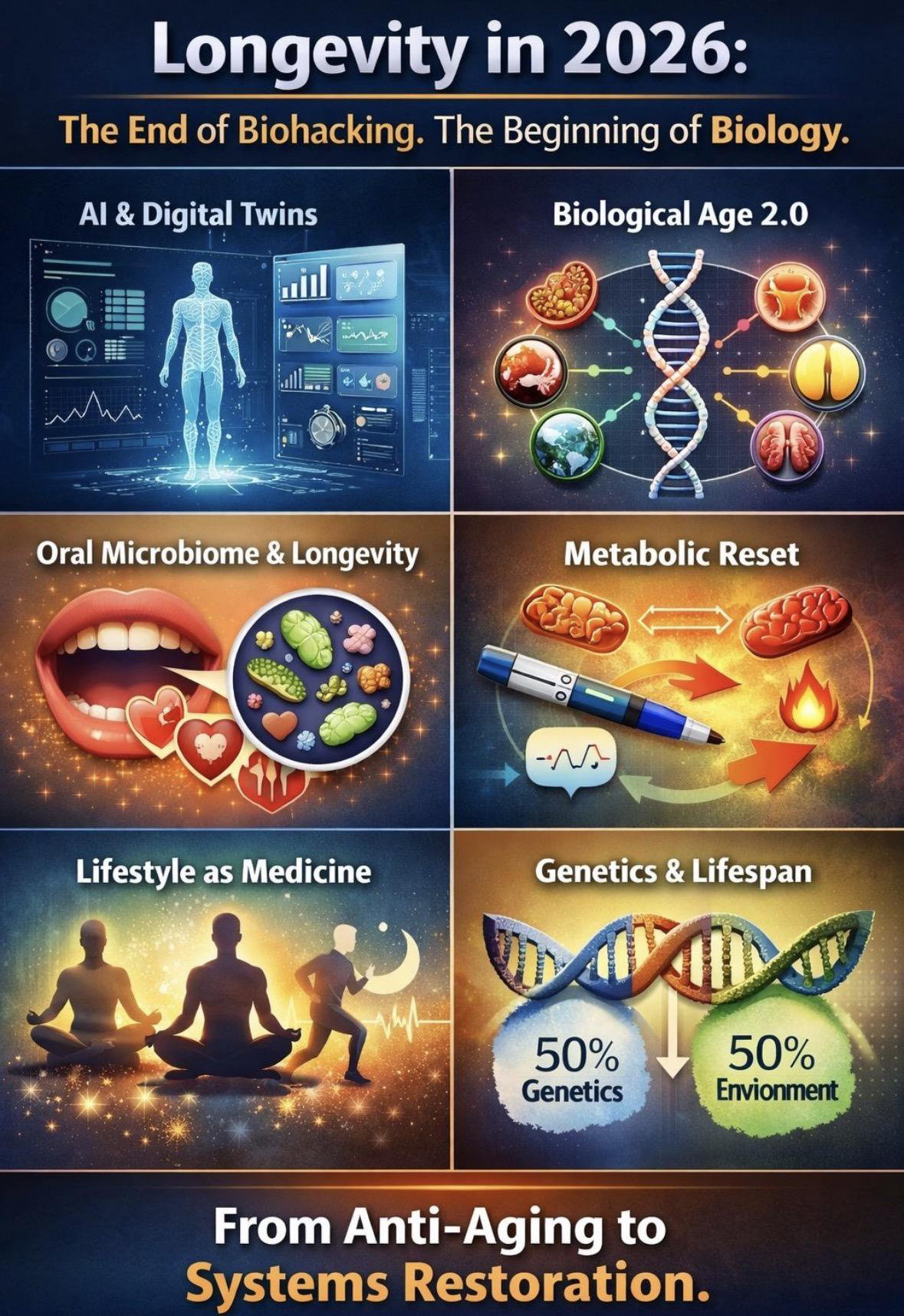 The Six Key Pillars of 2026 Longevity Medicine. Image created with AI (Gemini).