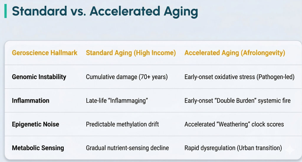 Comparison of Geroscience Hallmarks: Standard vs. Accelerated Aging.