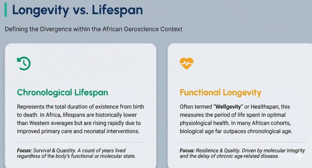 Difference between longevity and lifespan in an African concept. Picture generated with AI (Gemini).