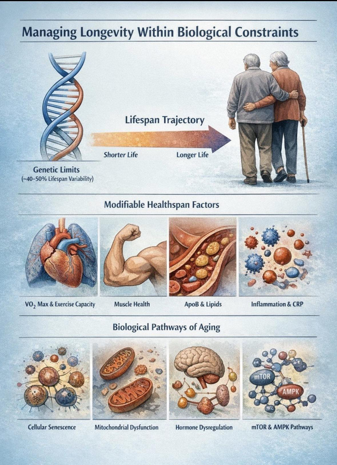 Managing Longevity: The Intersection of Genetic Constraints, Modifiable Health Factors, and Biological Aging Pathways. Image generated with AI (Gemini).