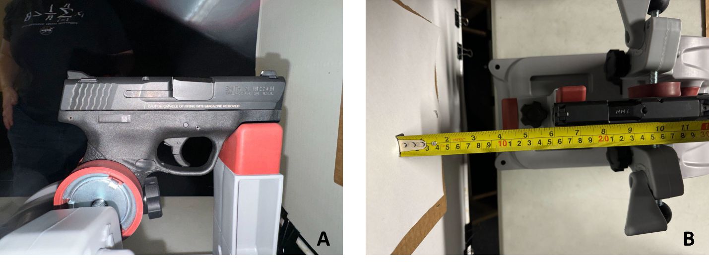 Figure 1: (a) Shooting vise setting using the Smith & Wesson M&P9 Shield, caliber 9mm Luger, semi-automatic pistol used to obtain all samples. (b) Demonstration of measurement from the muzzle of the firearm to the center of the target material at 6 inches. The same set was applied for all distances tested.