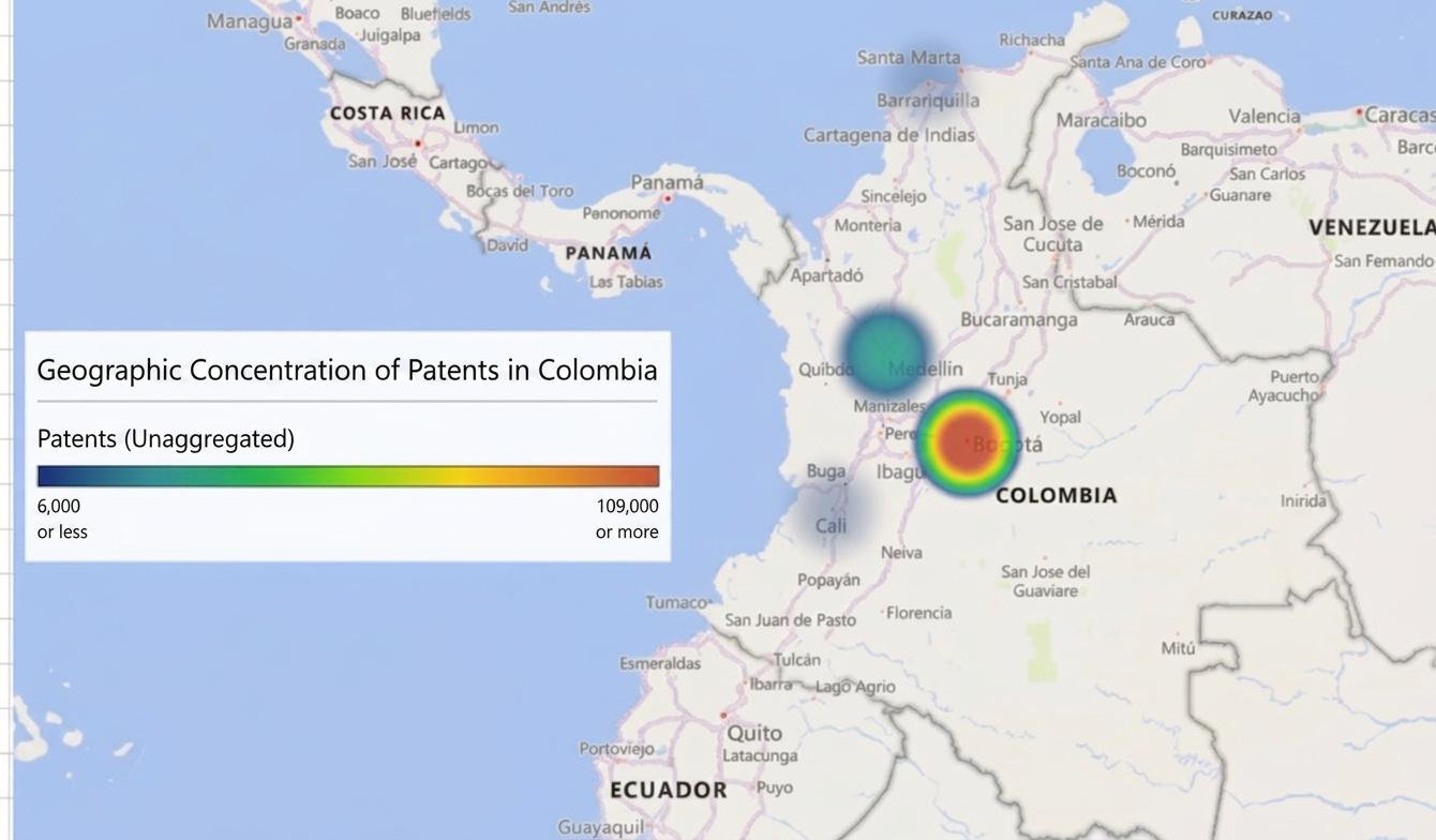 Geographic Heat Map of Patents in Colombia.