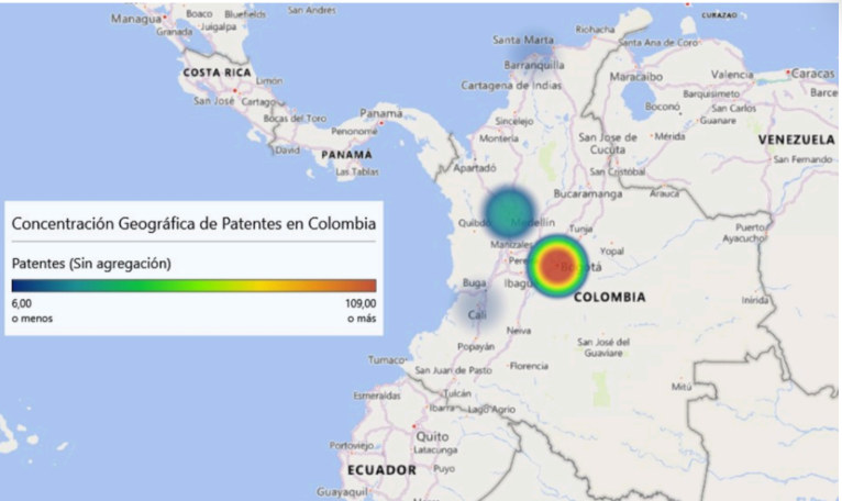 Mapa geográfico de calor de patentes en Colombia.